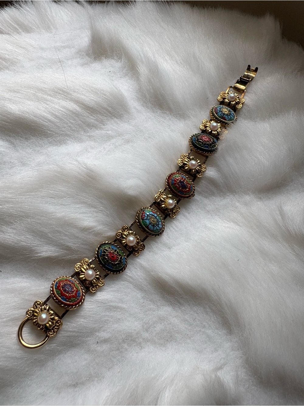 Vintage Enamel & Pearl Decorative Mosaic Bracelet - Picture 2 of 4